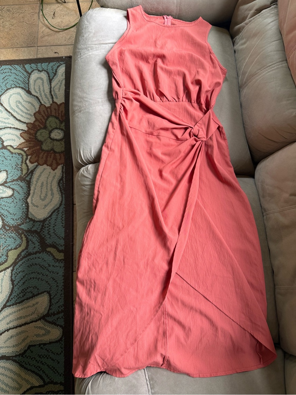 Coral Sleeveless Knot-Waist Midi Dress